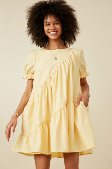 HY7297 Lemon Womens Asymmetric Seam Detail Cinched Cuff Poplin Dress Front